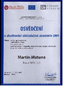 Osvědčení o absolvování obkladačské akademie 2009
